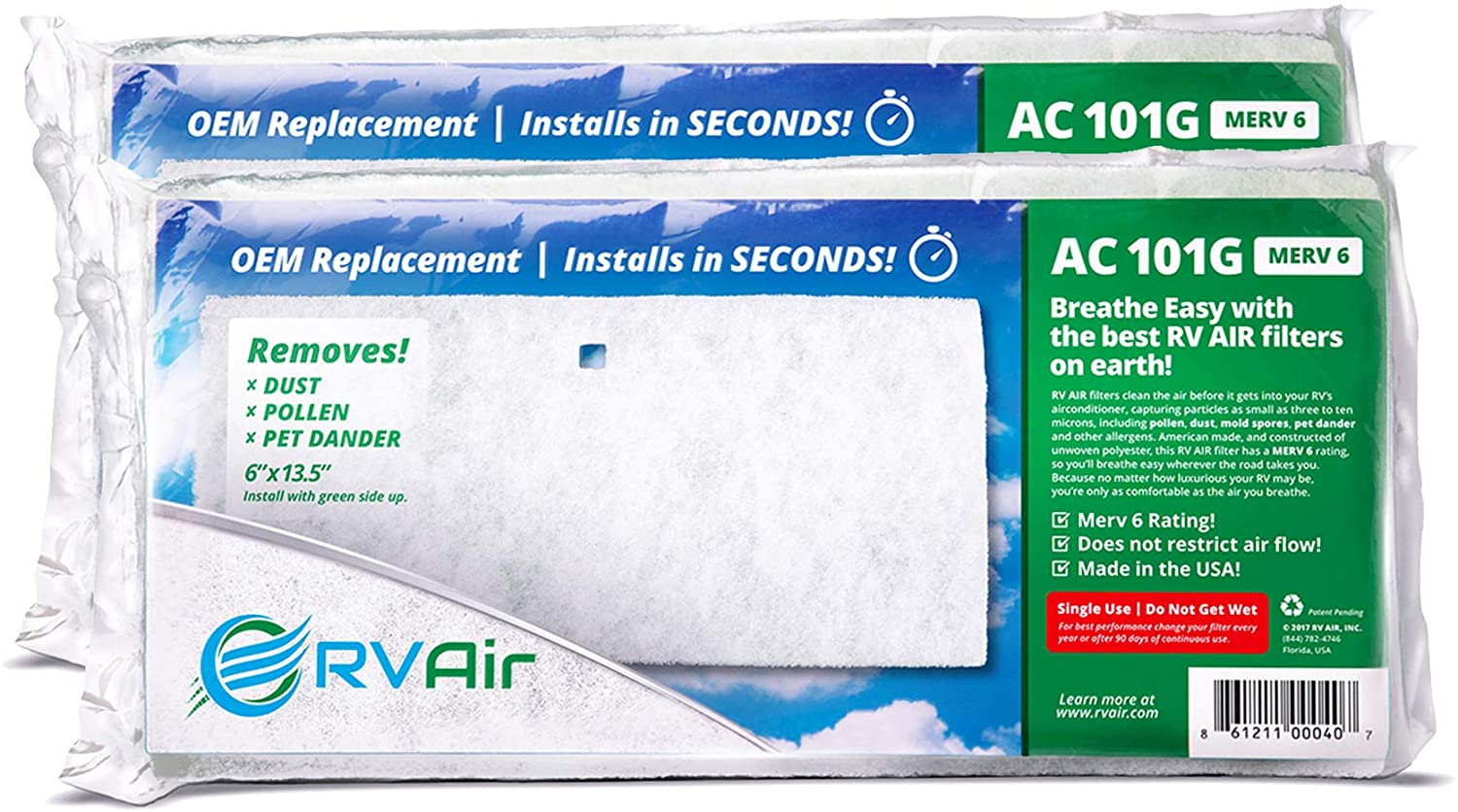 RV Air RV AC Filter | 2 Filters AC 101G Air Filters for RV Air Conditioner | Made in USA RV Filter to Replace Standard RV Air Conditioner Filters for Better Airflow and Cleaner Air | MERV 6 Rated