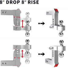 oEdRo Adjustable Trailer Hitch Ball Mount/Forged Aluminum Shank, 2.5" Receiver/8" Drop 2" & 2-5/16" Combo Tow Balls w/Double Pin Key Locks, 18500 lbs, Polished Silver