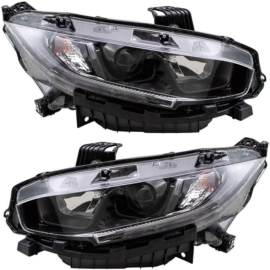 Brock Replacement Set Halogen Headlights with Black Bezel Compatible with 2019 2020 Civic