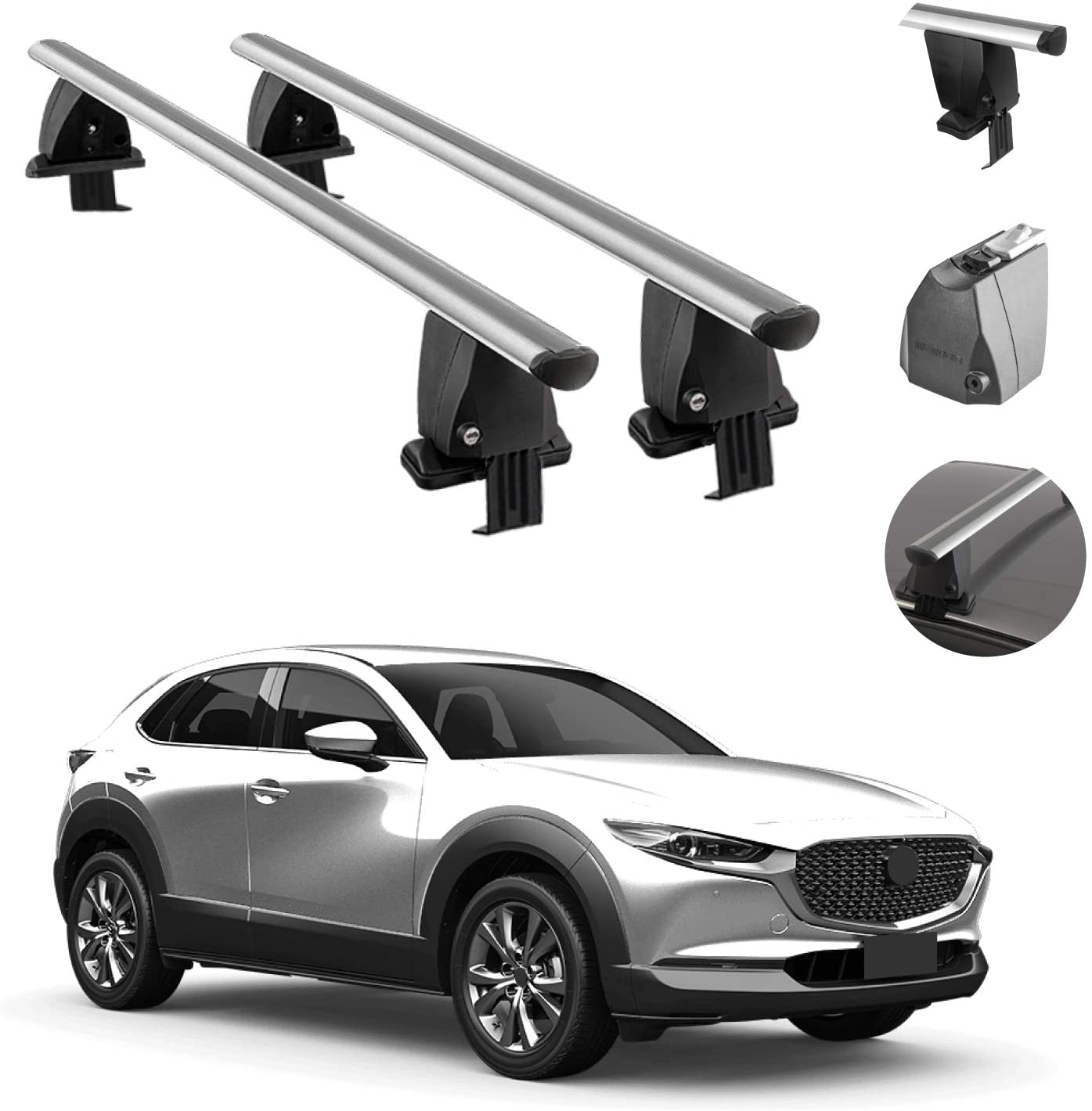 Roof Rack Cross Bars Lockable Luggage Carrier Smooth Roof Cars | Fits Mazda CX-30 2020-2021 Silver Aluminum Cargo Carrier Rooftop Bars | Automotive Exterior Accessories