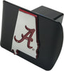 University of Alabama METAL State Shaped emblem (with Crimson trim) on black METAL Hitch Cover