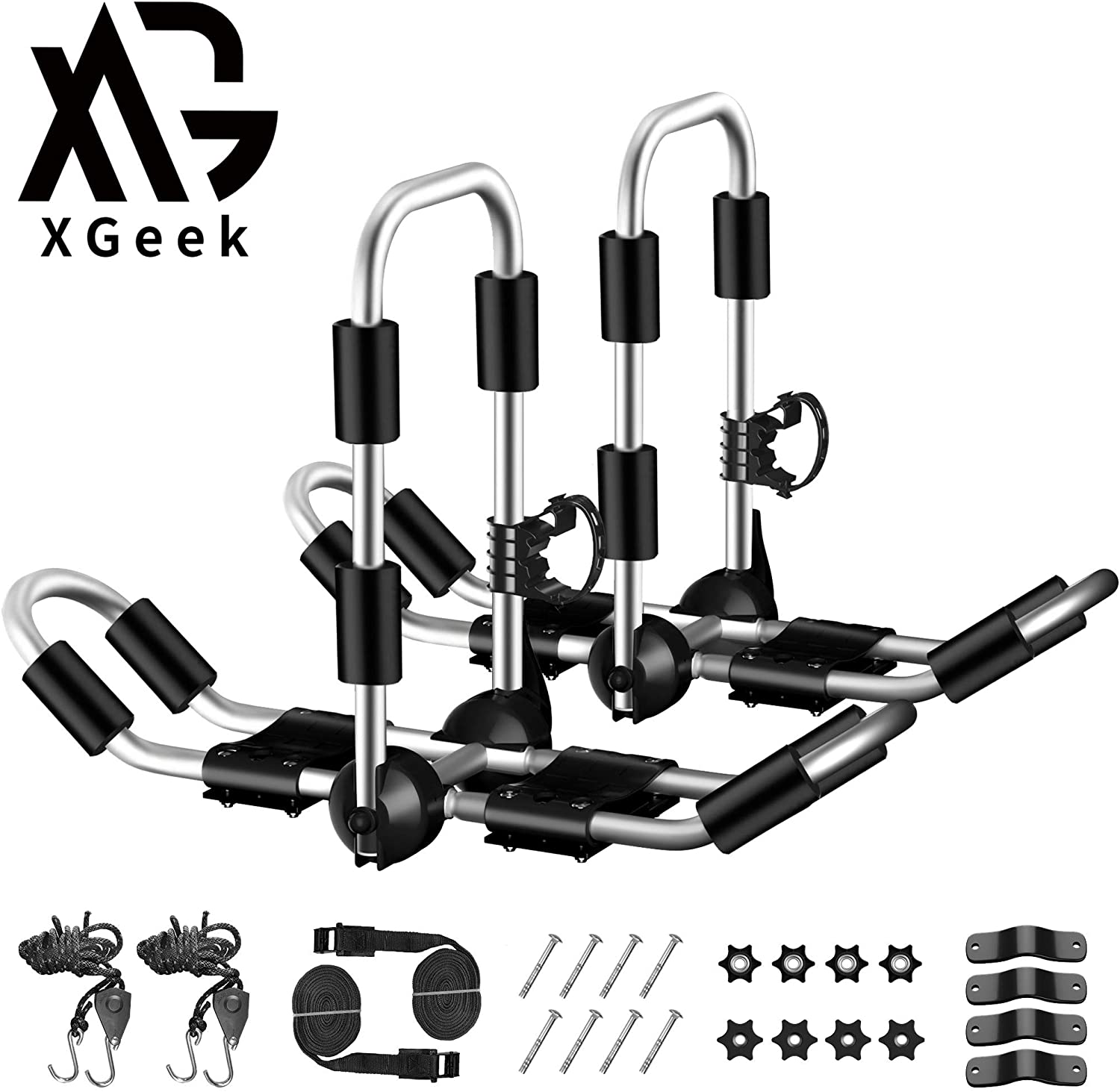 XGeek Kayak Roof Rack 4-in-1 for Kayak, Surfboard, Canoe and Ski Board Rooftop Mount Carrier Folding Adjustable Bilateral J-Style Rack on SUV, Car and Truck (silver)