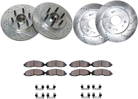 Detroit Axle - All (4) Front and Rear Drilled and Slotted Disc Brake Kit Rotors w/Ceramic Pads w/Hardware for 2004 2005 2006 2007 2008 Ford F-150 - [2006-2008 Lincoln Mark LT] - 2WD 6 Lug Only