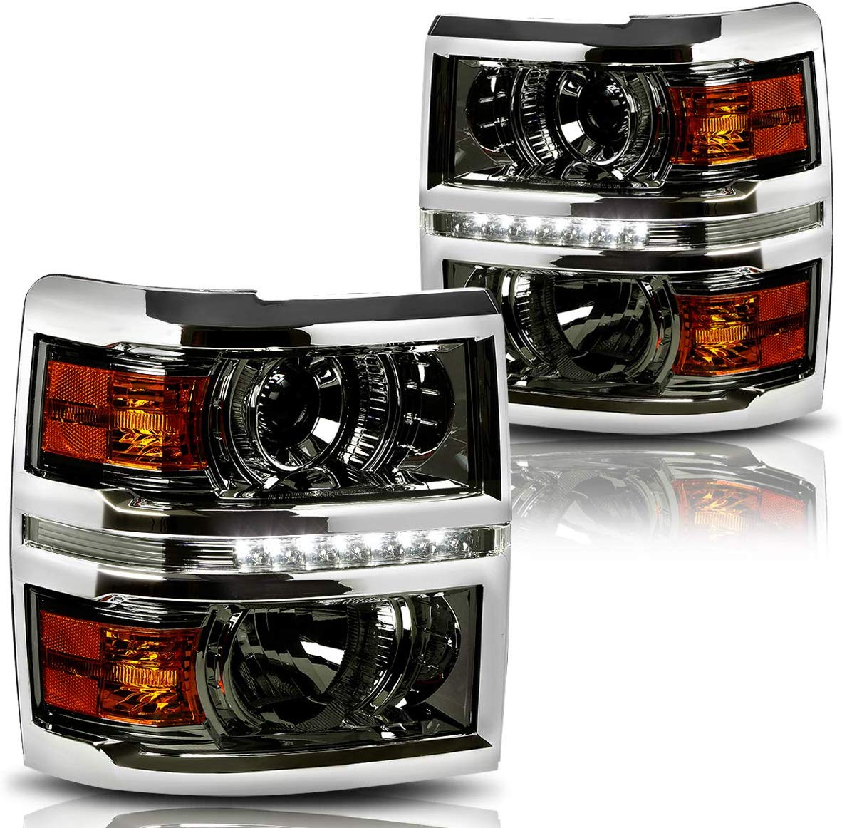 LED DRL Projector Headlight Assembly Compatible with Chevy Silverado 14-15 Headlamps with Smoked Lens Amber Corner