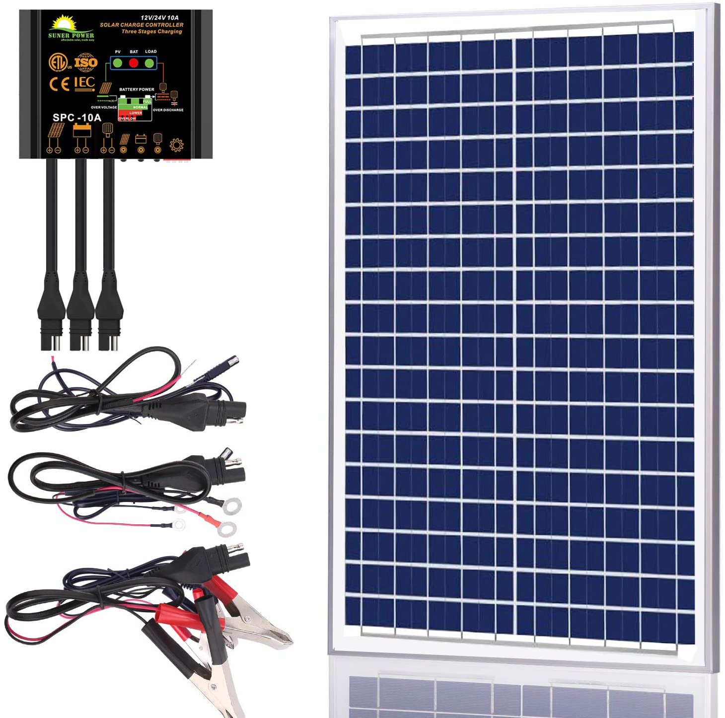 SUNER POWER 30 Watts 12V Off Grid Solar Panel Kit - Waterproof 30W Solar Panel + Photocell 10A Solar Charge Controller with Work Time Setting + SAE Connection Cable Kits