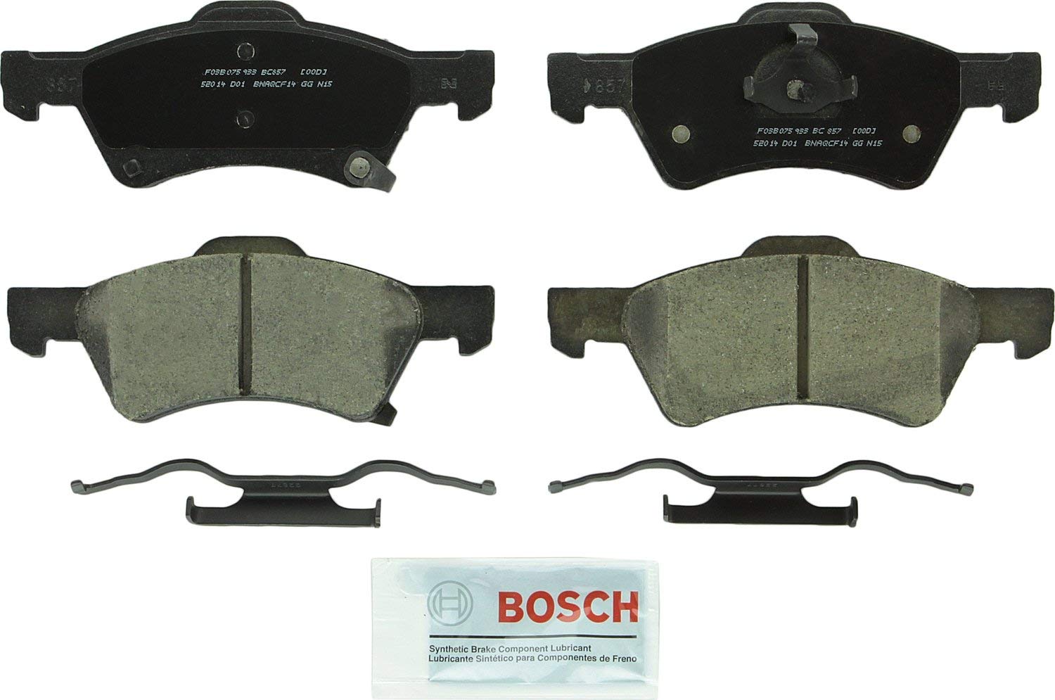 Bosch BC857 QuietCast Premium Ceramic Disc Brake Pad Set For Chrysler: 2001-2007 Town & Country, 2003 Voyager; Dodge: 2001-2007 Caravan, 2001-2007 Grand Caravan; Front