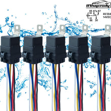 5 PACK 40/30 AMP 12 V DC Waterproof Relay and Harness - Heavy Duty 12 AWG Tinned Copper Wires, 5-PIN SPDT Bosch Style Automotive Relay