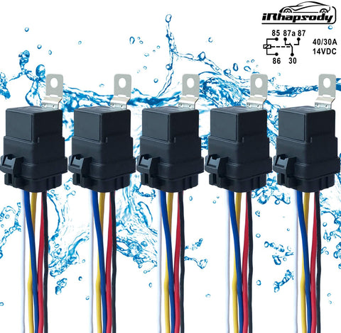 5 PACK 40/30 AMP 12 V DC Waterproof Relay and Harness - Heavy Duty 12 AWG Tinned Copper Wires, 5-PIN SPDT Bosch Style Automotive Relay
