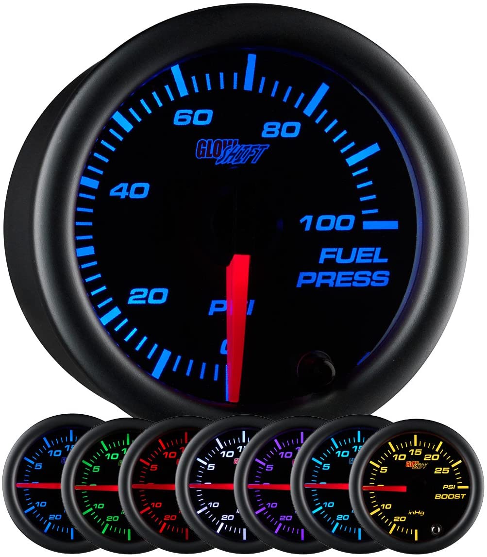 GlowShift Black 7 Color 100 PSI Fuel Pressure Gauge Kit - Includes Electronic Sensor - Black Dial - Clear Lens - for Car & Truck - 2-1/16