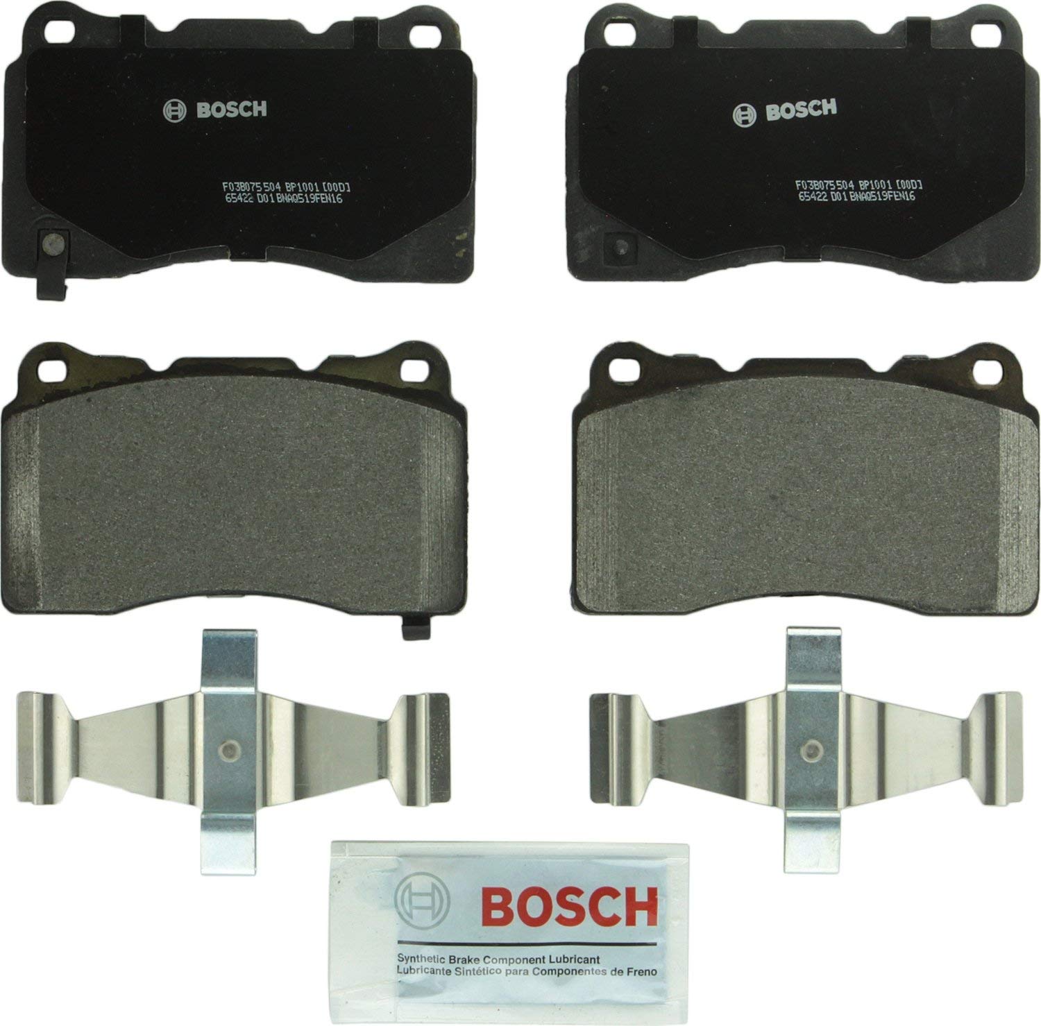 Bosch BP1001 QuietCast Premium Semi-Metallic Disc Brake Pad Set For Select Buick, Cadillac, Chevrolet, DeTomaso, Ford, Hyundai, Maserati, Mitsubishi, Pontiac, Saab, Subaru, Volvo; Front & Rear