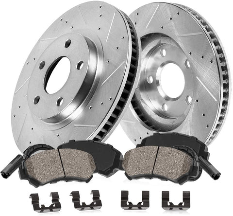 Callahan CDS03672 FRONT 330mm Drill/Slotted 5 Lug [2] Rotors + Brake Pads + Clips + Sensor [fit C230 C320 CLK350 SLK350]