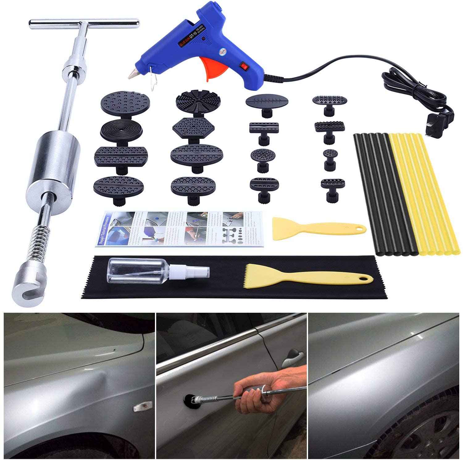 GLISTON Car Dent Puller Kit, Paintless Dent Repair Remover, Pro Slide Hammer Tools with 16pcs Thickened Black Tabs for DIY Automobile Body Hail Damage Removal