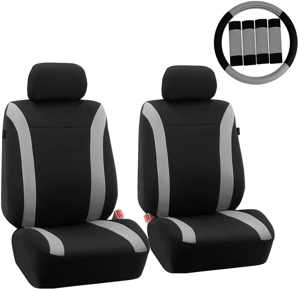 FH Group FH-FB054102 Cosmopolitan Flat Cloth Pair Set Seat Covers, (Airbag Compatible & Split Bench) W. FH2033 Steering Wheel Cover and Seat Belt Pads, Beige/Black-Fit Most Car, Truck, SUV, or Van