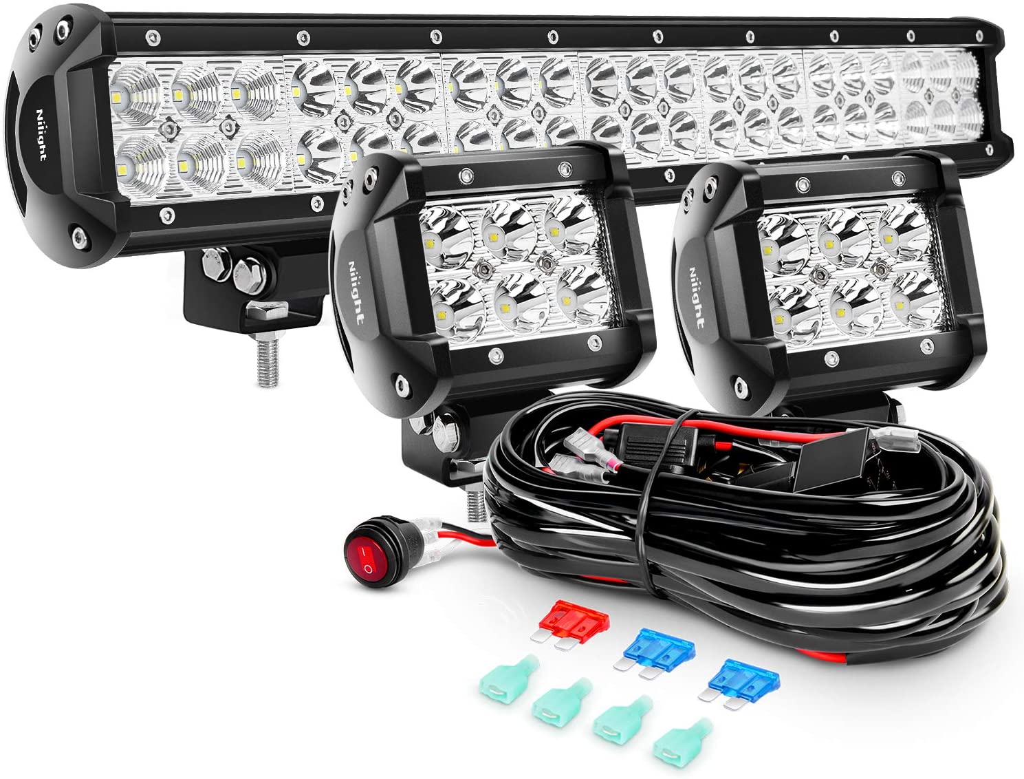 Nilight 20Inch 126W Flood Combo Road Light Bar 2PCS 18w 4Inch Spot LED Pods with Wiring Harness Kit, 2 Years Warranty