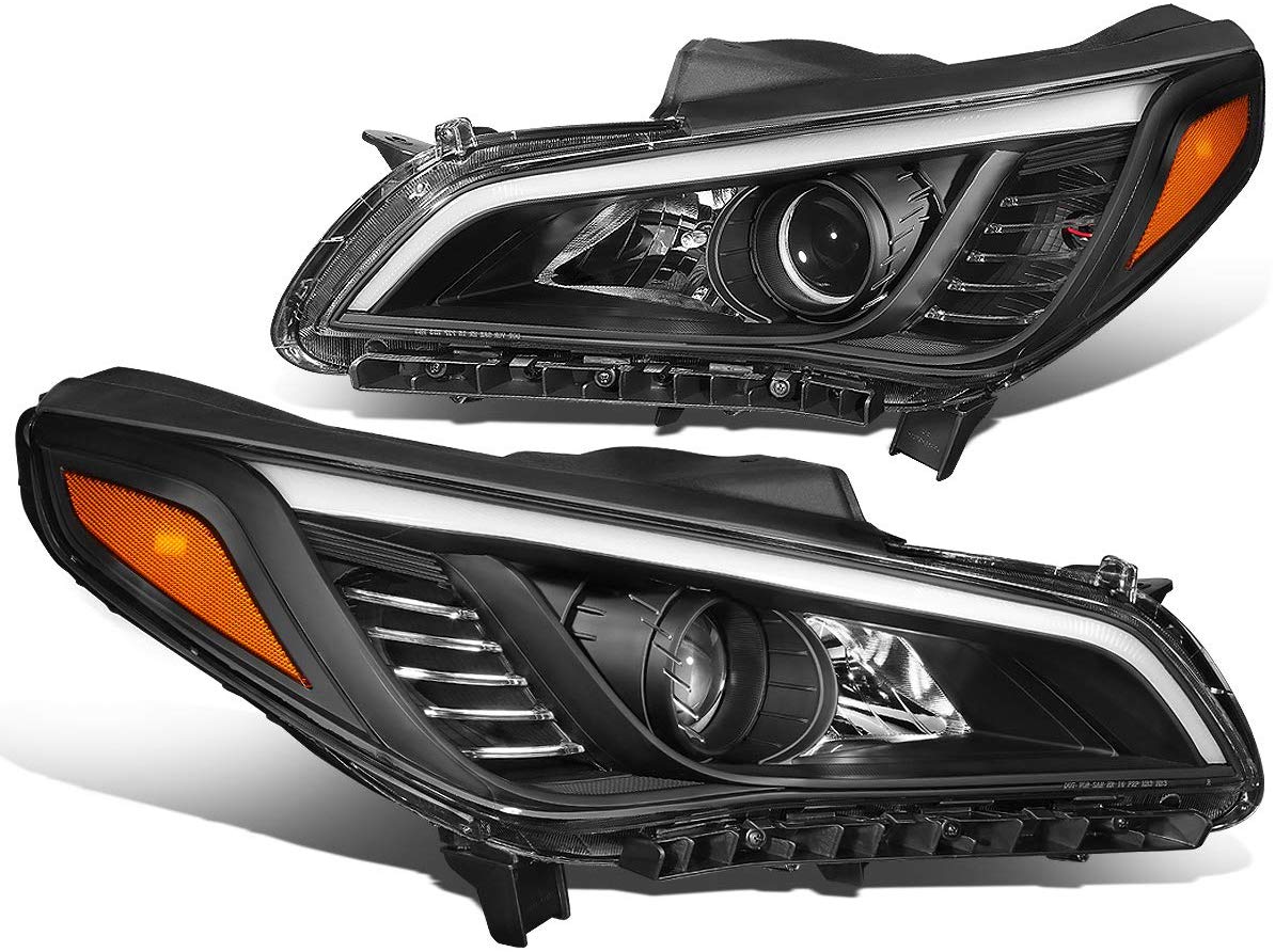 Pair Black Housing Amber Side Projector Headlight Lamps for 15-17 Sonata