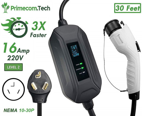 PRIMECOM Level 2 Electric Vehicle (EV) Charger (220V / 240Volt, 16Amp) Portable EVSE Smart Electric Car Charger, 30', 40', and 50 Feet Lengths (10-30P, 30 Feet)