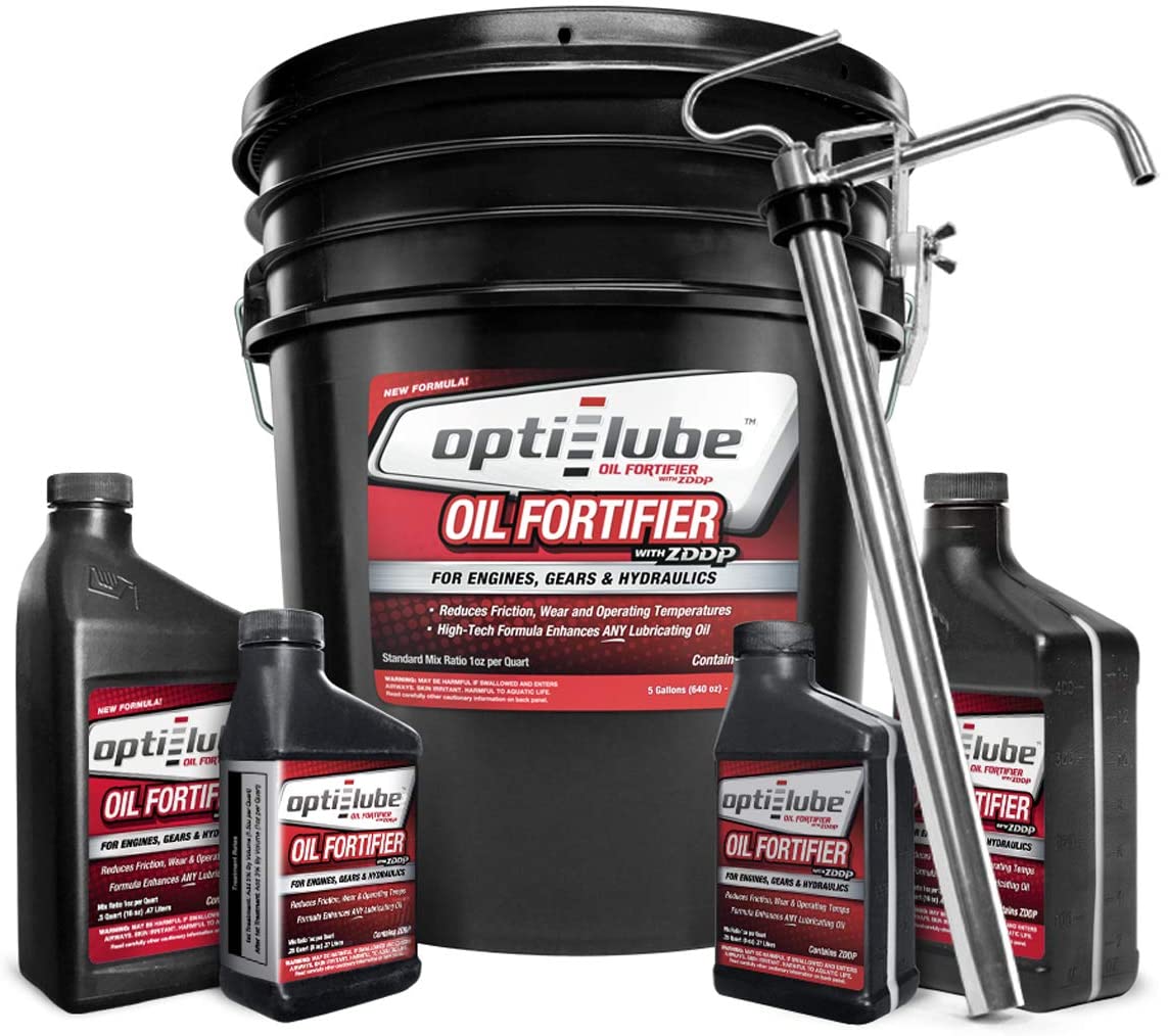 Opti-Lube Oil Fortifier with ZDDP (Zinc): 5 Gallon Pail with Heavy Duty Accessories (1 HD Metal Hand Pump, 2 Empty 16oz Bottles, 2 Empty 8oz Bottles), Treats up to 640 Quarts of Oil