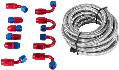 Mophorn AN8 20Ft Fuel Line Hose Kit - Stainless Steel Nylon Braided AN-8 Gas Oil Fuel Line Hose with 10PCS Aluminum Hose End Fitting Adapters Fuel Line Set (20Ft Silver)