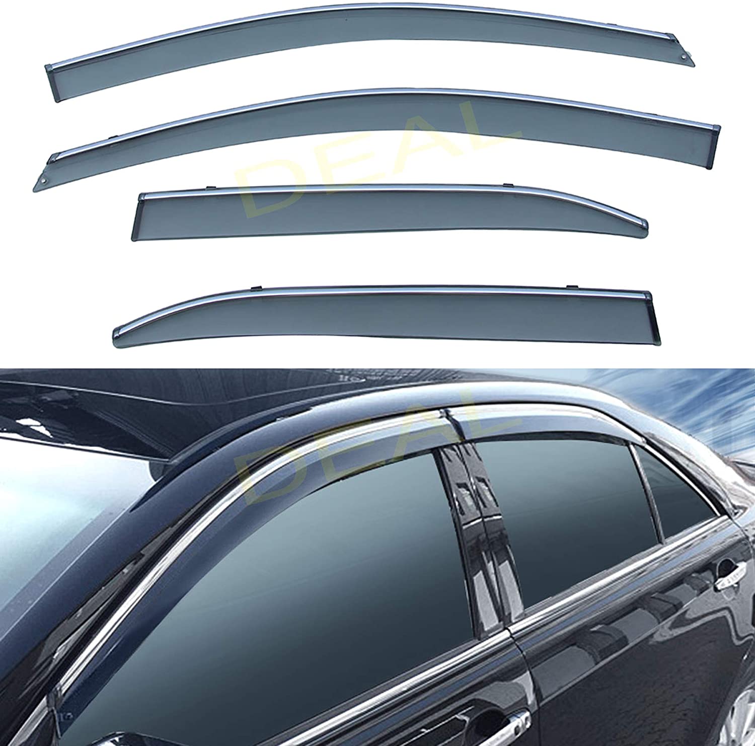 DEAL 4-Piece Set Outside Mount Tape On/Clip On Type Smoke Tinted Sun/Rain Guard Vent Window Visors With Chrome Trim For 2007-2011 Toyota Camry All Models