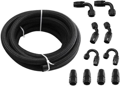Mophorn AN8 Fuel Line Hose Kit BK Nylon Stainless Steel Braided Oil Line Hose NBR CPE Synthetic Rubber Gas Hose with Aluminum Hose End Fitting Adapter Set (16.4Ft Black)