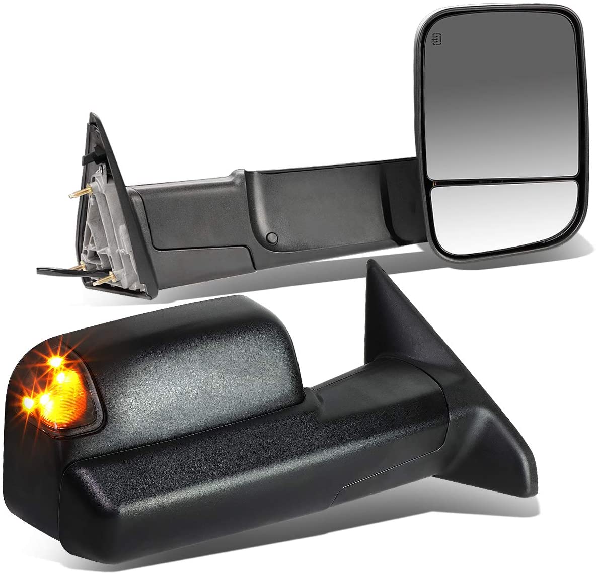 Replacement for RAM 1500 2500 3500 Pair of Black Powered + Heated Smoked Signal + Foldable Side Towing Mirrors (Black / Smoked)