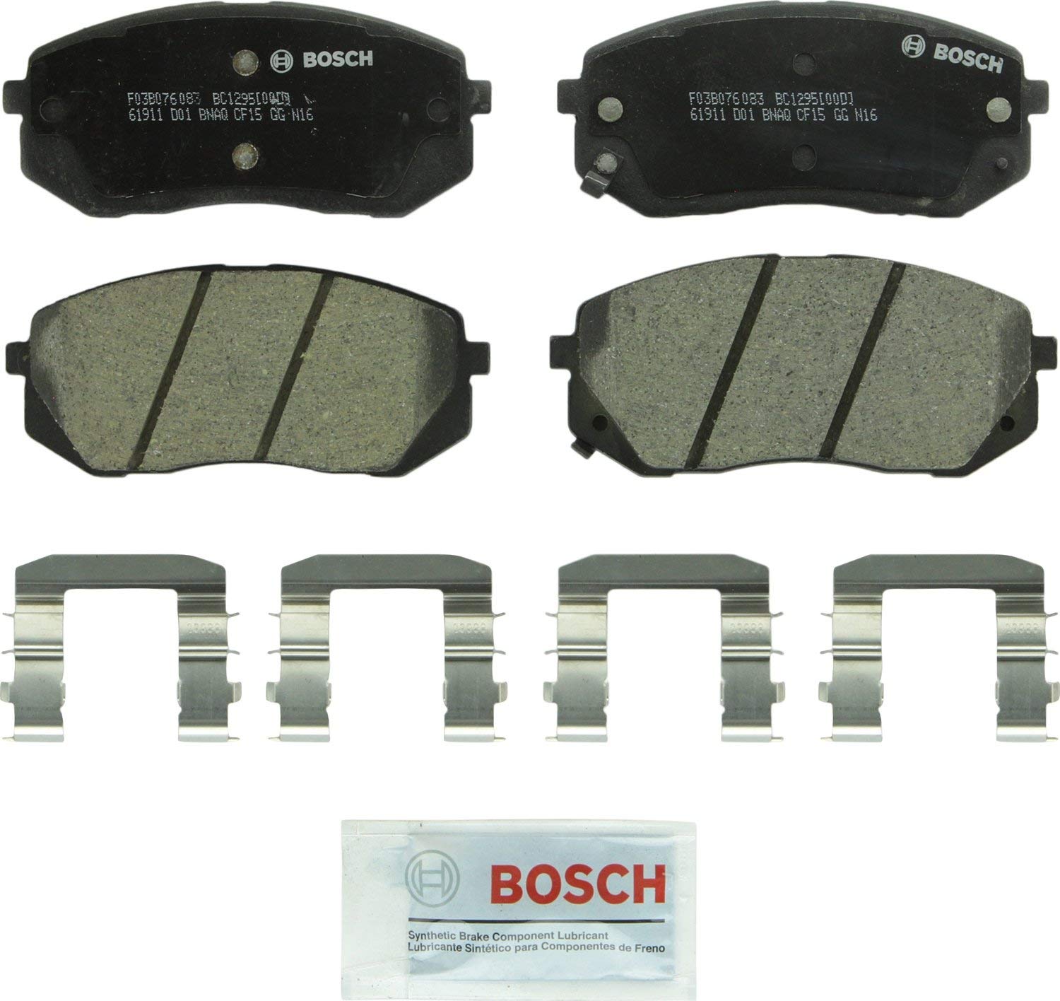 Bosch BC1295 QuietCast Premium Ceramic Disc Brake Pad Set For Hyundai: 2015 Sonata, 2010-2015 Tucson; Kia: 2014-2016 Cadenza, 2007-2012 Rondo, 2015-2017 Soul EV, 2011-2016 Sportage; Front