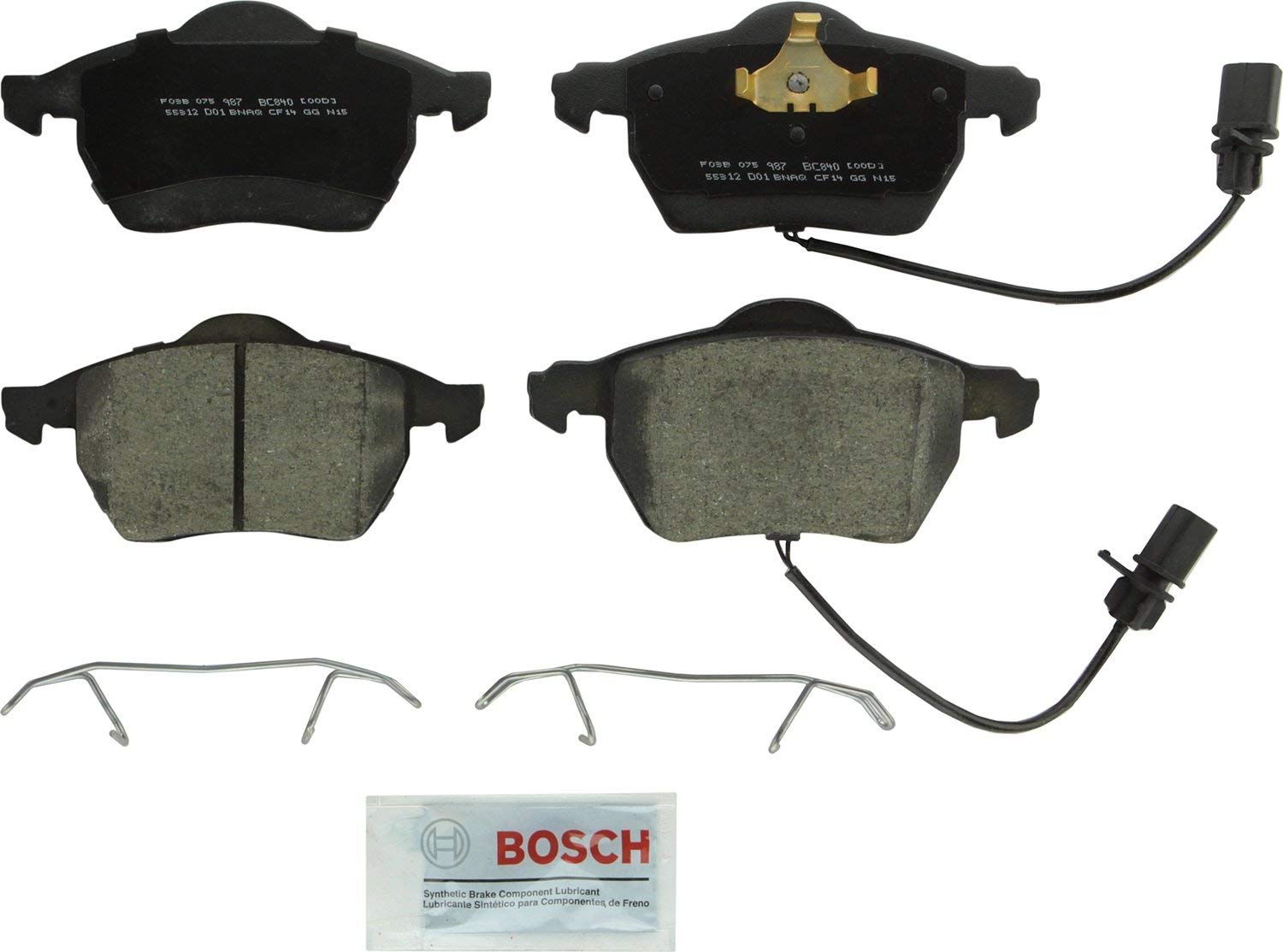 Bosch BC840 QuietCast Premium Ceramic Disc Brake Pad Set For Audi: 2000-06 A4, 2000-06 A4 Quattro, 2000-04 A6, 1998-04 A6 Quattro; Saab: 2007-09 9-5; Volkswagen: 1998-05 Passat; Front