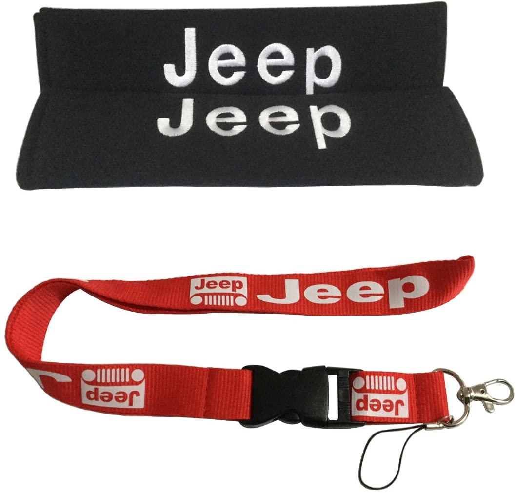 T'Nb New 1pcs Red Jeep Keychain Lanyard Badge Holder + 1set Jeep Seat Belt Cover Shoulder Pads