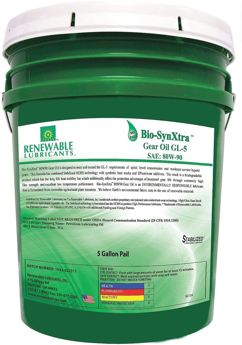 Renewable Lubricants Bio-Based High Temperature Gear Oil, Gear Oil, 5 gal. Container Size - 82134