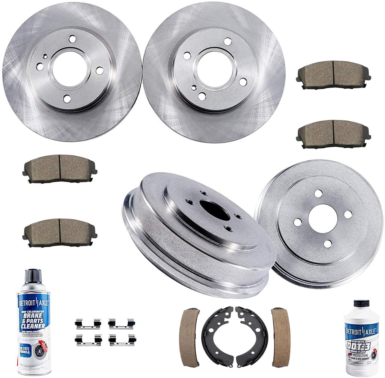 Detroit Axle - All (4) Front Brake Kit Rotors and Rear Brake Kit Drums w/Ceramic Pads and Shoes w/Hardware & Brake Kit Cleaner Fluid for 2001 2002 2003 2004 2005 Honda Civic L4 1.7L
