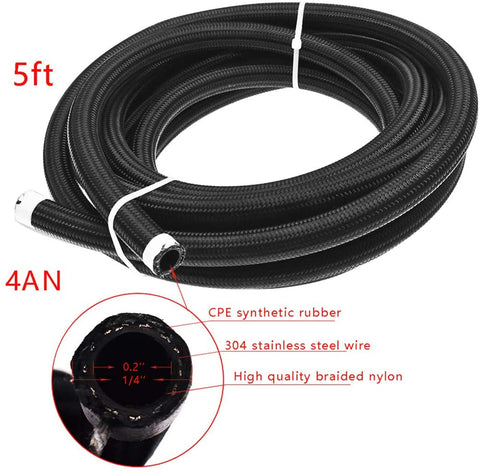 WFLNHB Fuel Oil Gas Line Hose 5 Feet Black an-4 (Equivalent Tube Size Nominal OD 0.25inch Hose ID 0.2 inch) Nylon/Stainless Steel Braided