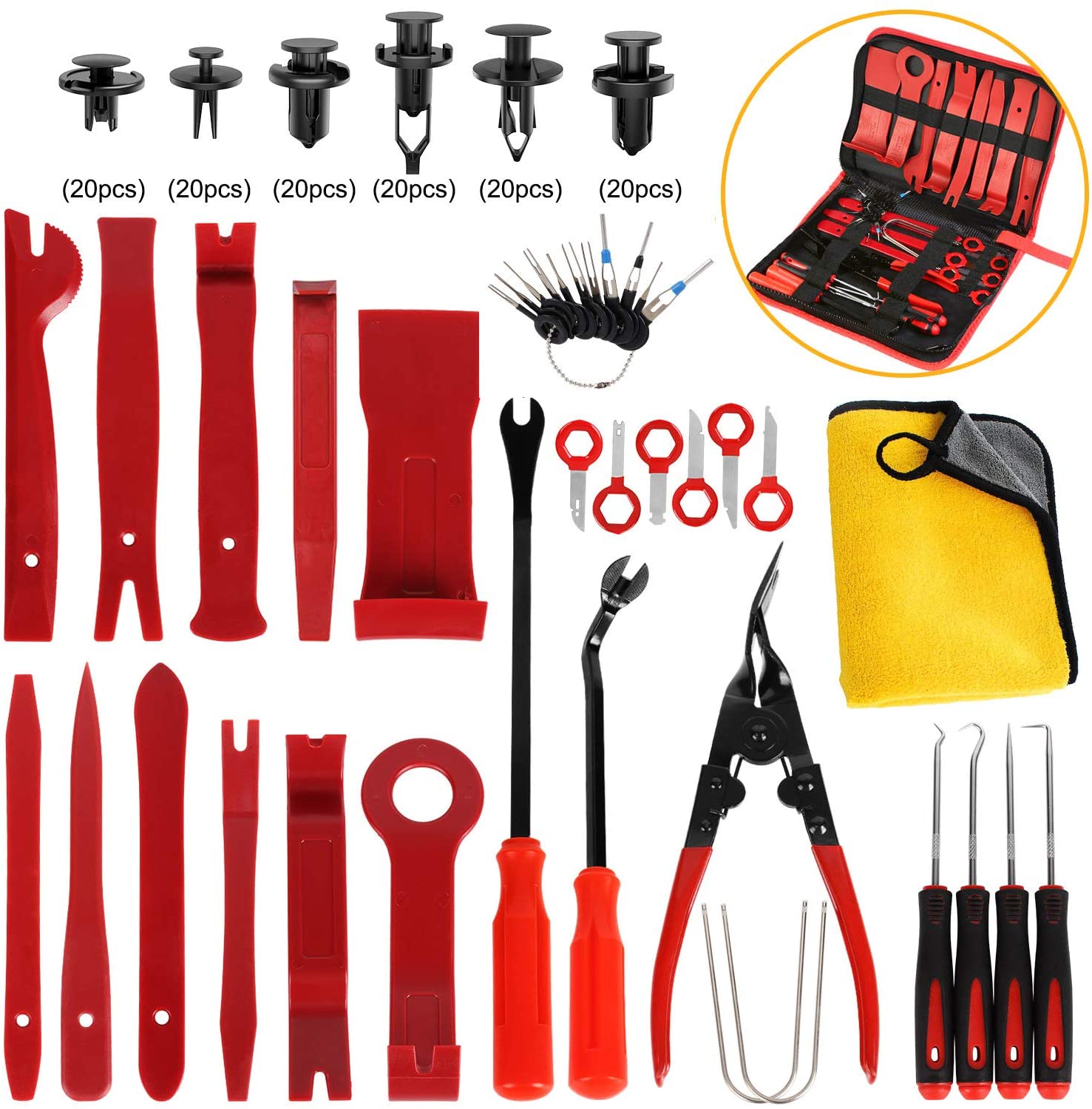 AUTMOR 38Pcs Trim Removal Tool & 120 Pcs Car Retainer Clips, Pry Kit, Car Panel Tool Radio Removal Tool Kit, Auto Clip Pliers Fastener Remover Pry Tool Kit, Car Upholstery Repair Kit with Storage Bag