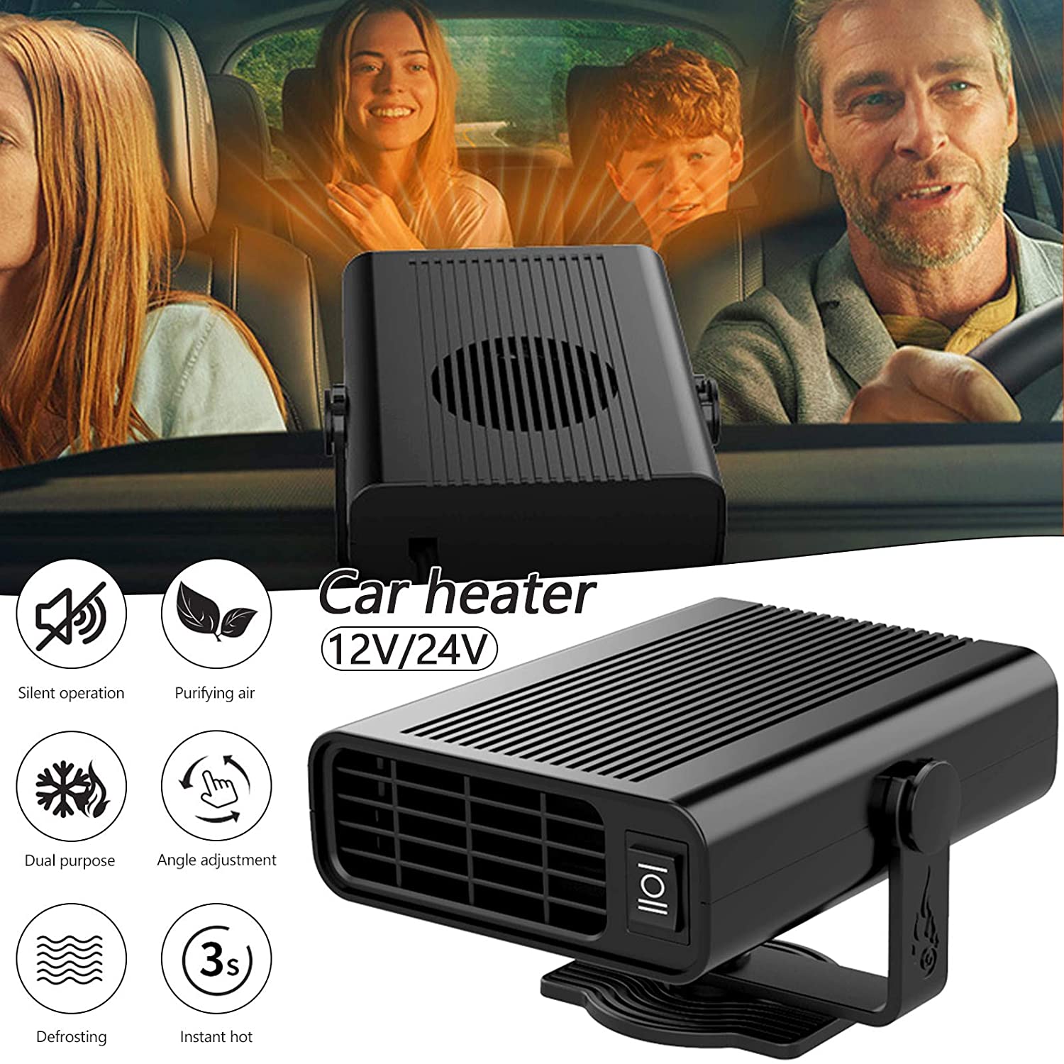 Car Fan Heater, 12V / 24V 120W Fan Heater Auto Heater Portable Defroster Demister Auto Air Purification (Black,24V)