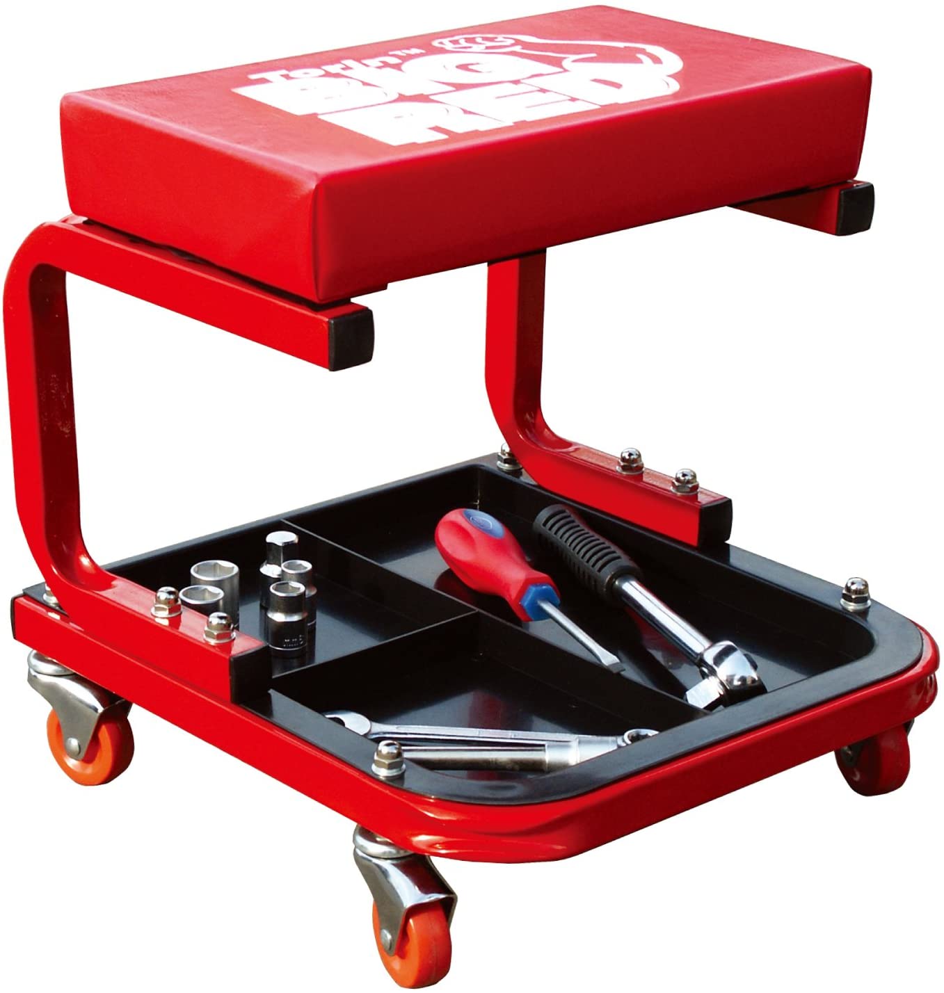 Torin TR6300 Red Rolling Creeper Garage/Shop Seat: Padded Mechanic Stool with Tool Tray