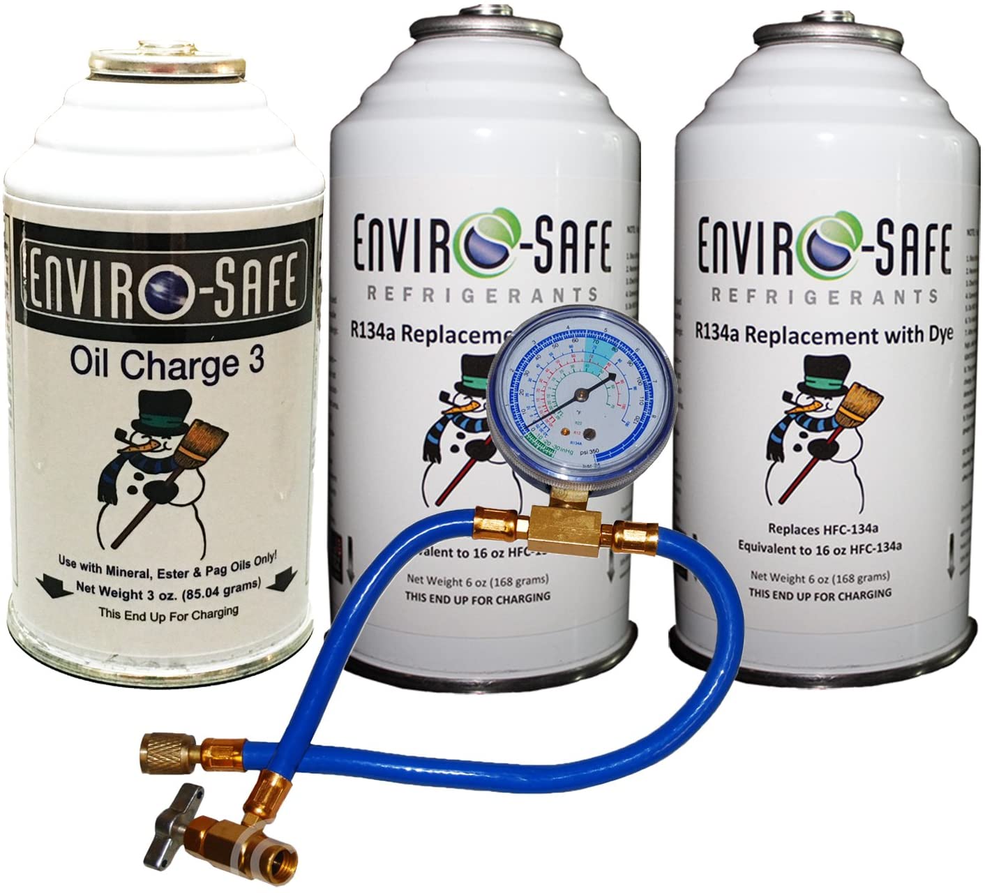 Enviro-Safe Vehicle Refrigerant Replacement Quick Charge Kit 3 Cans Tap + Gauge