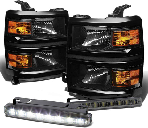 For Chevy Silverado GMT K2XX Black Housing Amber Corner Headlight+Smoked DRL 8 LED Fog Light