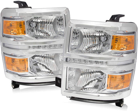 For 14-16 Chevy Silverado 1500 LED Replacement Clear Pair Headlights Headlamps Clear Reflector