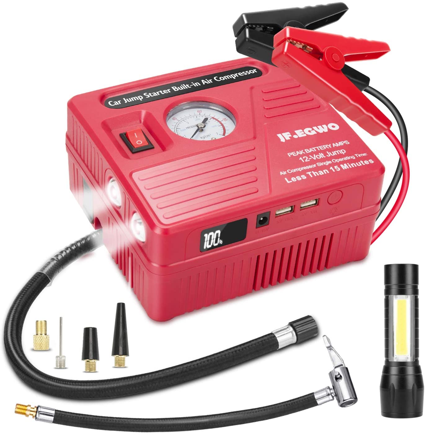 Car Jump Starter with Air Compressor, 1000 AMP Peak Jump Cable, 120 PSI Air Pump, 18000mAh Li-on Battery Jump Pack, Built-in 2 USB Ports and 2 LED Lights