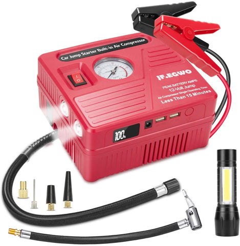 Car Jump Starter with Air Compressor, 1000 AMP Peak Jump Cable, 120 PSI Air Pump, 18000mAh Li-on Battery Jump Pack, Built-in 2 USB Ports and 2 LED Lights