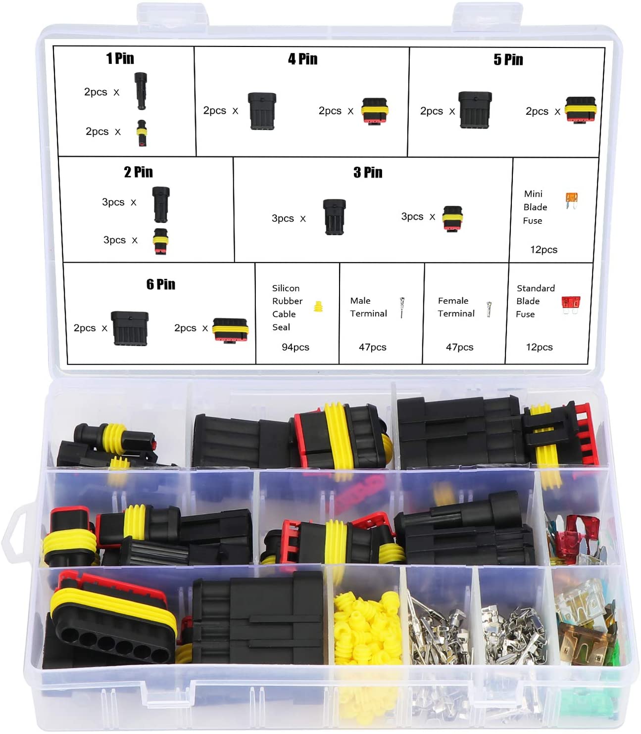 OCR 240Pieces 1 2 3 4 5 6 Pin Car Waterproof Electrical Terminals Wire Connectors with Automotive Blade Fuses for Motorcycle Scooter Truck Boats