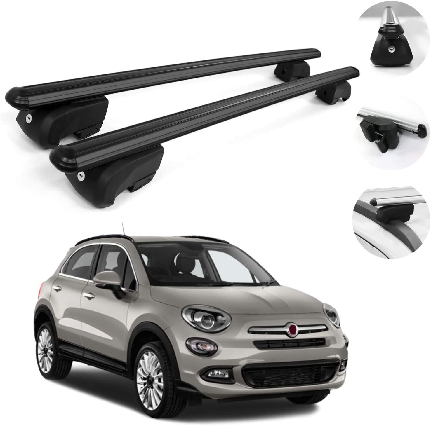 OMAC Automotive Exterior Accessories Roof Rack Crossbars | Aluminum Black Roof Top Cargo Racks | Luggage Ski Kayak Bike Carriers Set 2 Pcs | Fits Fiat 500X Trekking 2016-2021