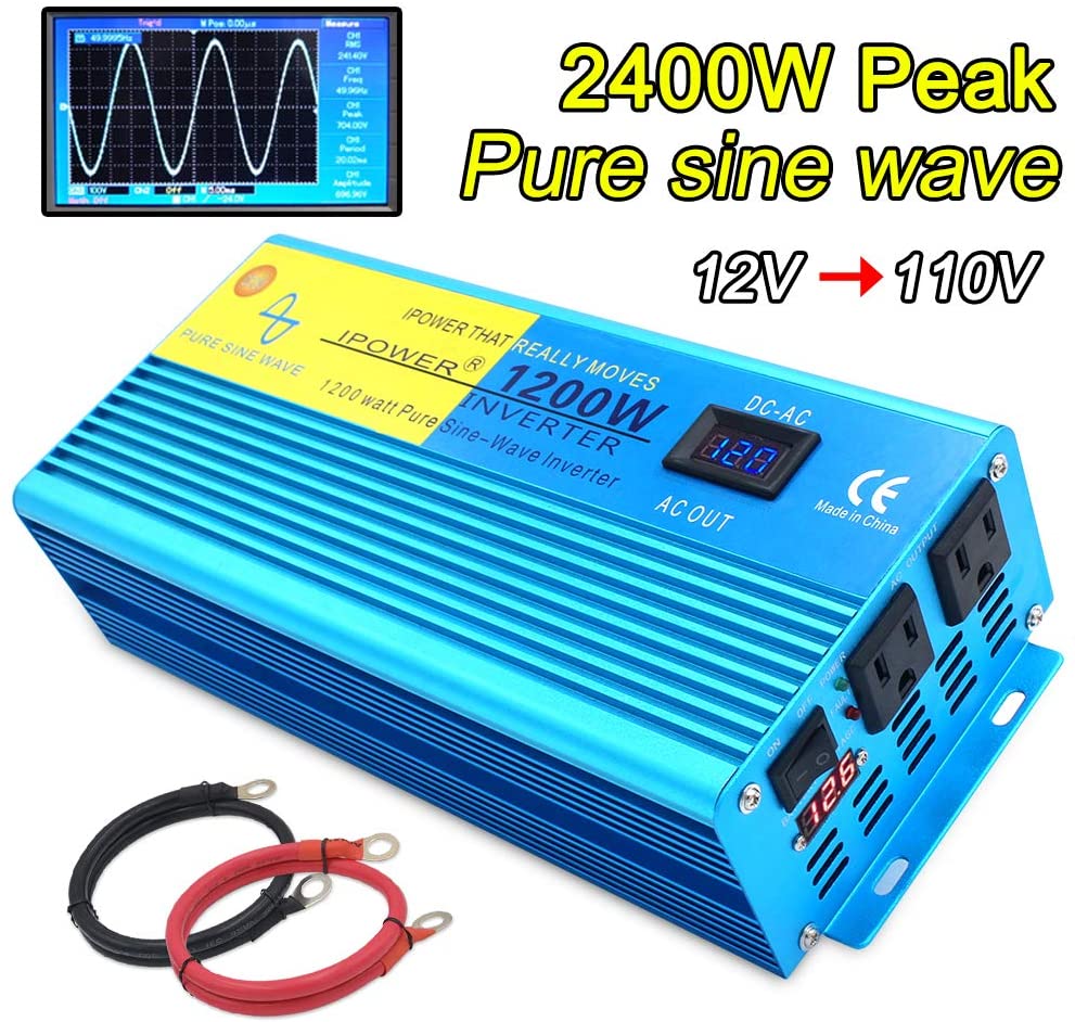 IpowerBingo Pure Sine Wave Power Inverter 1200W/2400W(Peak) 12V DC to 110 V AC with 2 AC Outlets 2 Battery Cables with LCD Display Car Boat Inverter
