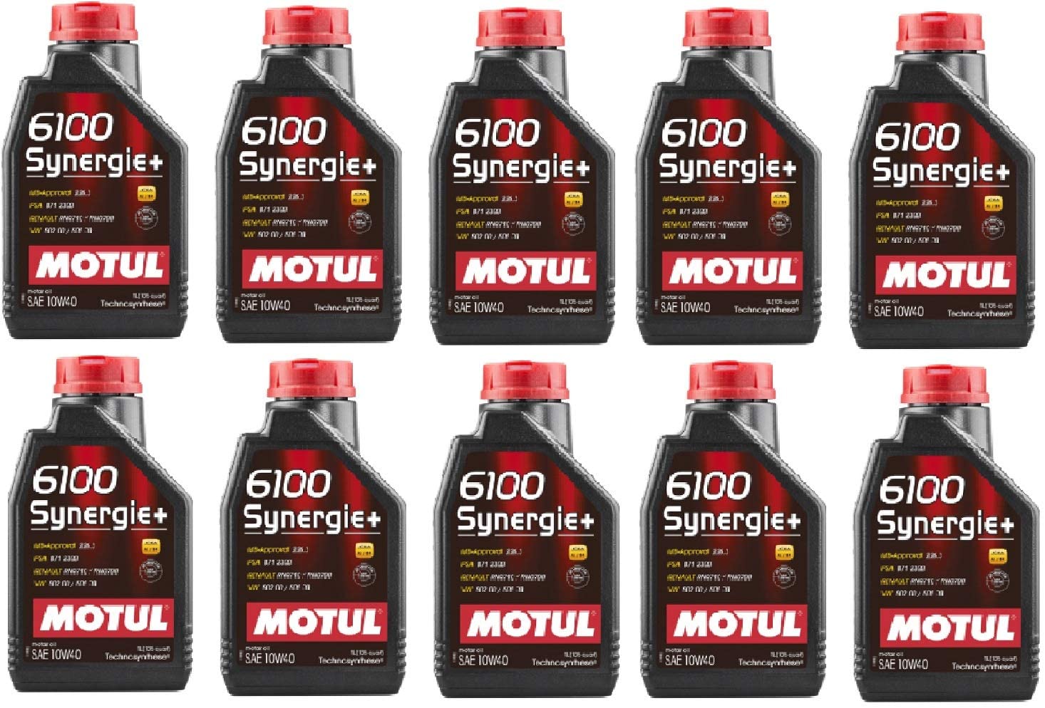 Motul 108646 Set of 10 6100 Synergie+ 10W-40 Motor Oil 1-Liter Bottles