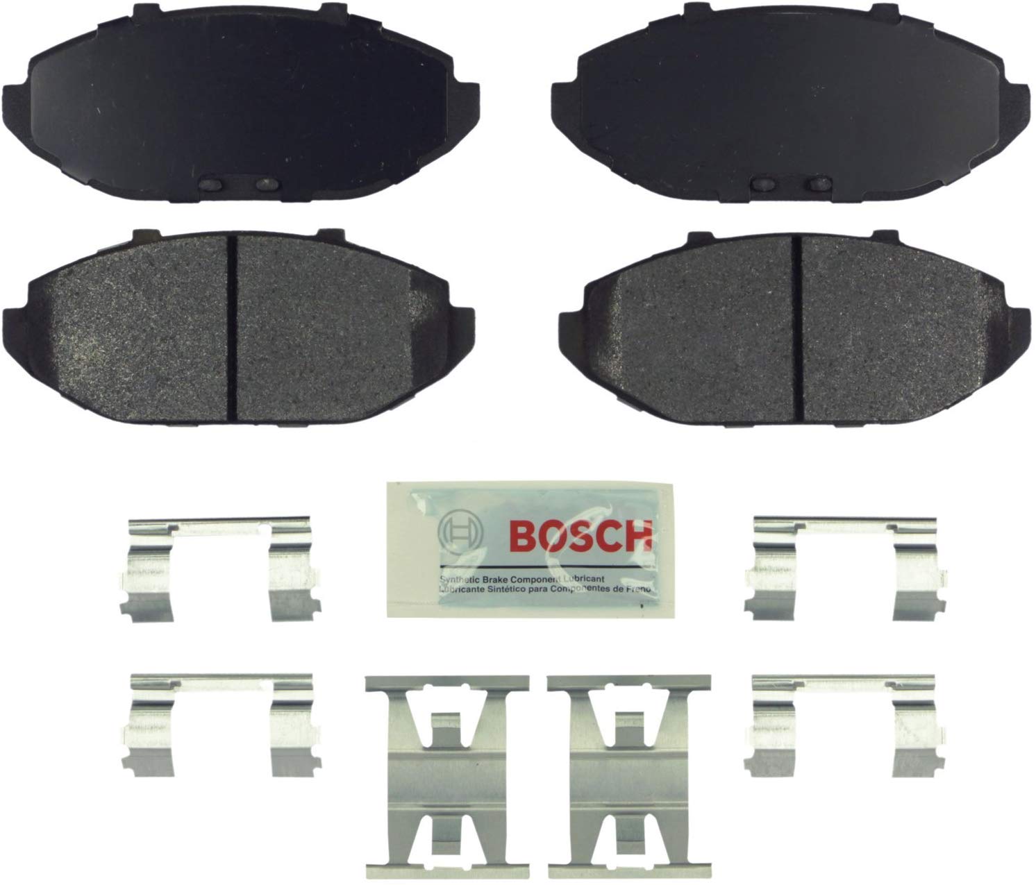 Bosch BE748H Blue Disc Brake Pad Set with Hardware for 1998-02 Ford Crown Victoria, Lincoln Town Car, and Mercury Grand Marquis - FRONT