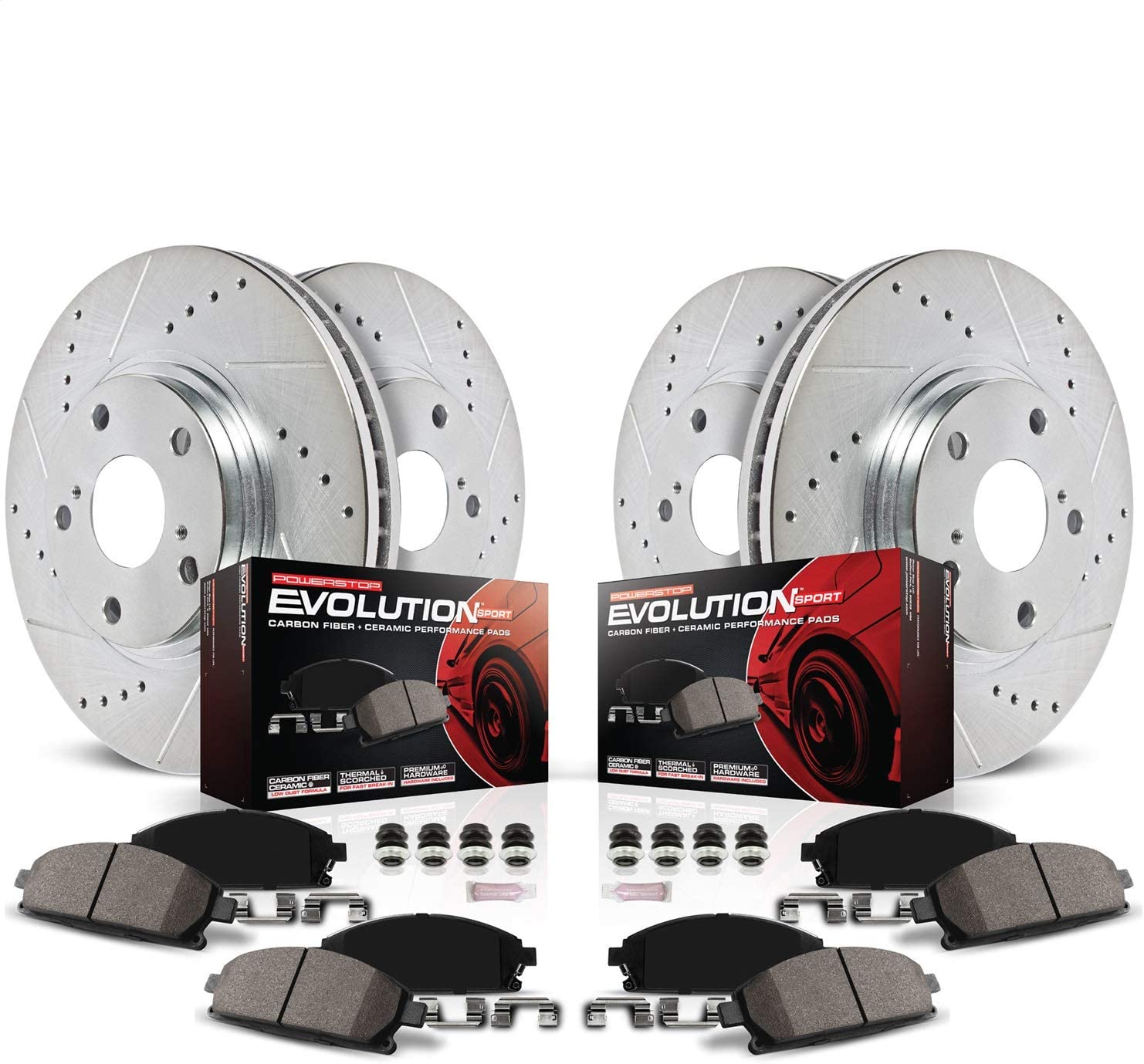 Power Stop K6707 Front & Rear Brake Kit with Drilled/Slotted Brake Rotors and Z23 Evolution Ceramic Brake Pads