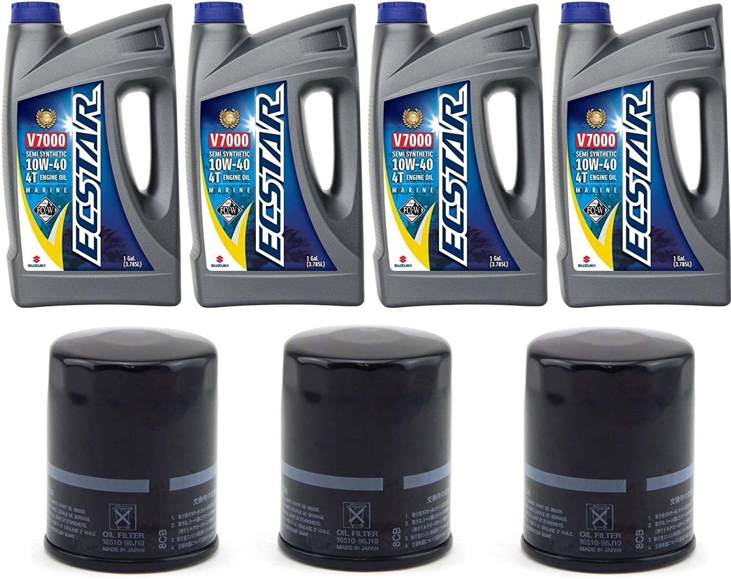 Suzuki ECSTAR V7000 10W-40 Marine 4-Stroke Engine Oil, 4 Gal with 3X 16510-96J10 Oil Filter