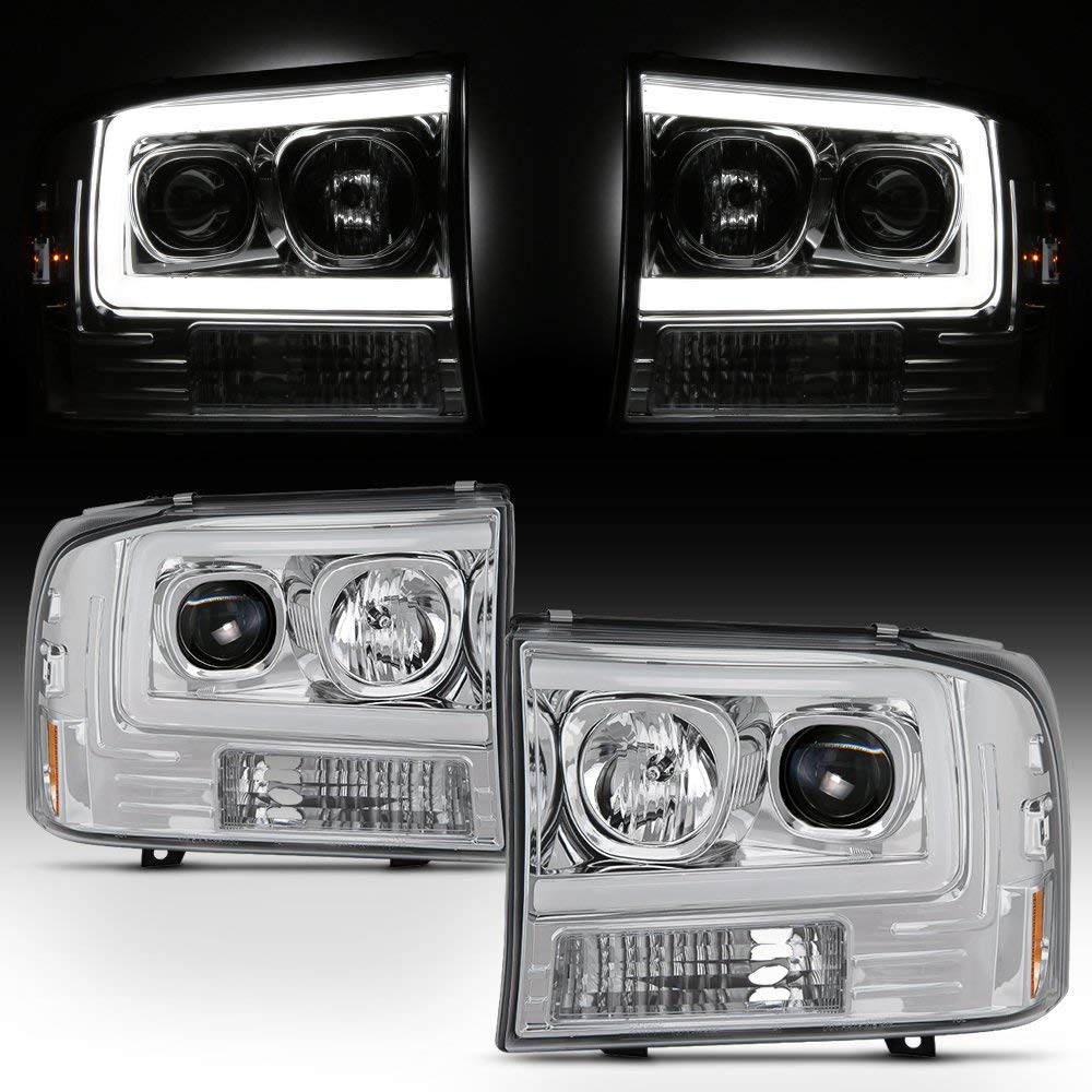 For 1999-2004 F250 F350 F450 F550 SuperDuty LED Tube Bar Projector Headlights Driver+Passenger Side