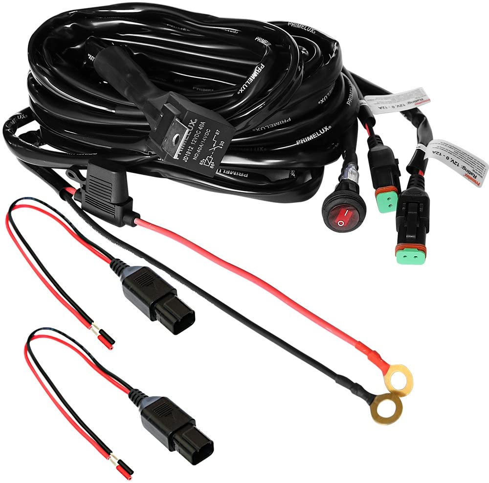 Primelux Universal 12ft Relay Wiring Harness for LED Light Bars - 12V 40A Relay & 3-Pin On/Off Rocker Switch Compatible with Jeep Wrangler Golf Cart SUV Off-Road 4WD Vehicles - 2 lead(2x15A/16AWG)