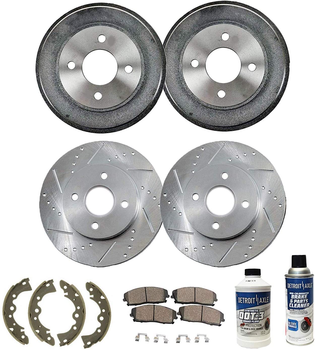 Detroit Axle - All (4) Front Drilled and Slotted Disc Brake Kit Rotors and Rear Brake Kit Drums w/Ceramic Shoes and Pads for 2000 2001 2002 2003 2004 2005 2006 Nissan Sentra 1.8L