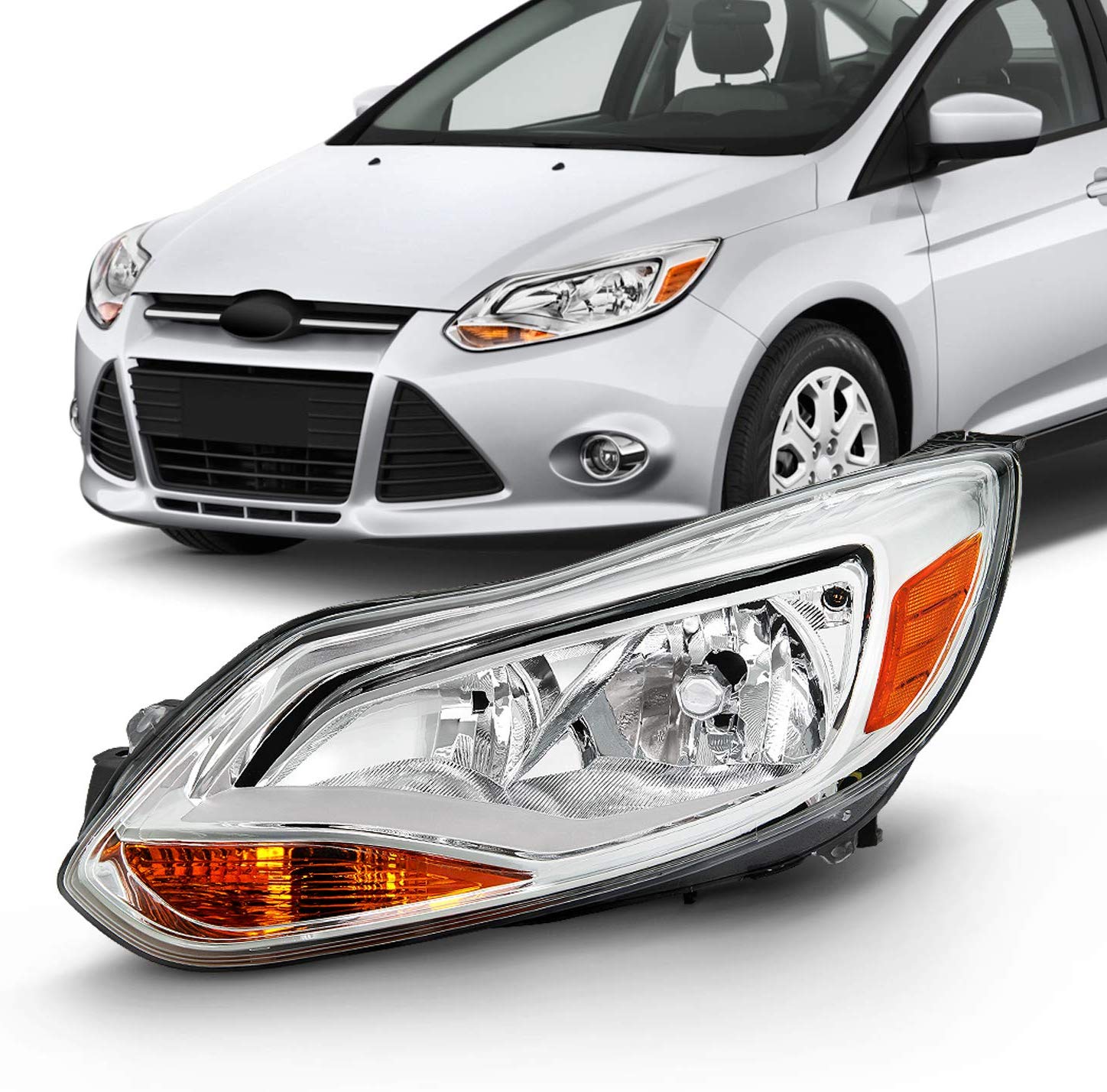 Fits 2012 2013 2014 Ford Focus 4Door Sedan Hatchback [Halogen Type] Chrome Trim Headlight Driver Left Replacement